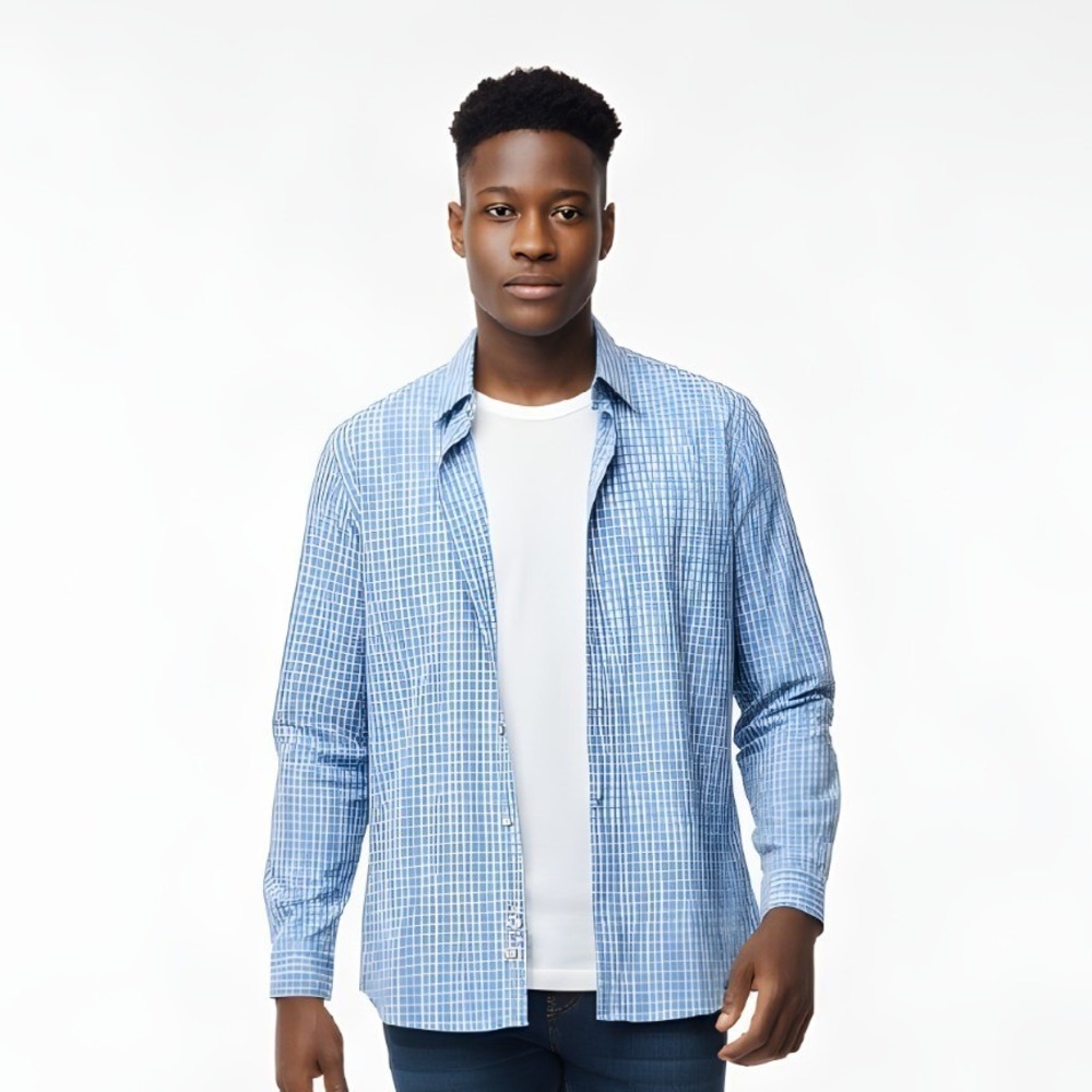 Sky Blue Checkered Long Sleeve‎ Men's Button Up by Van Heusen XL